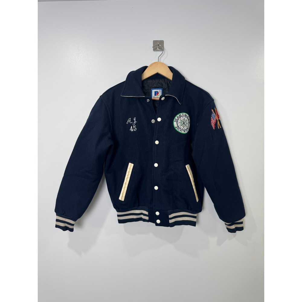 Rennoc Men Navy Varsity Jacket Mariners Hockey Wool Blend USA Made XS